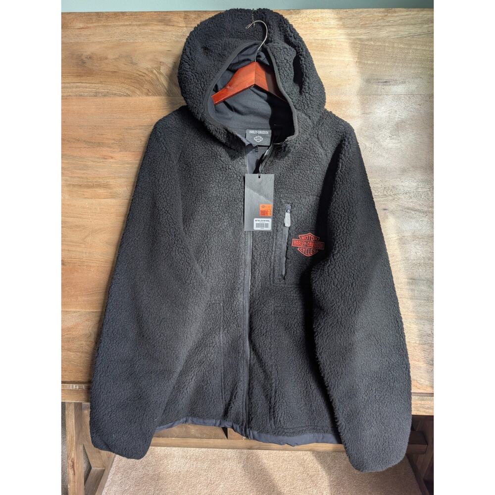NWT Harley-Davidson Sherpa Hoodie Mens Large Black Knit Long Sleeve Full Zip